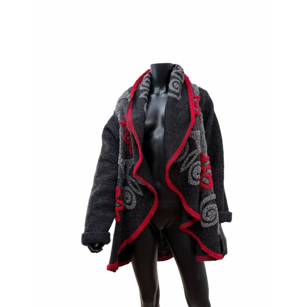 Made in‎ Italy wool boho floral coat cardigan jacket gray red artsy lagenlook
